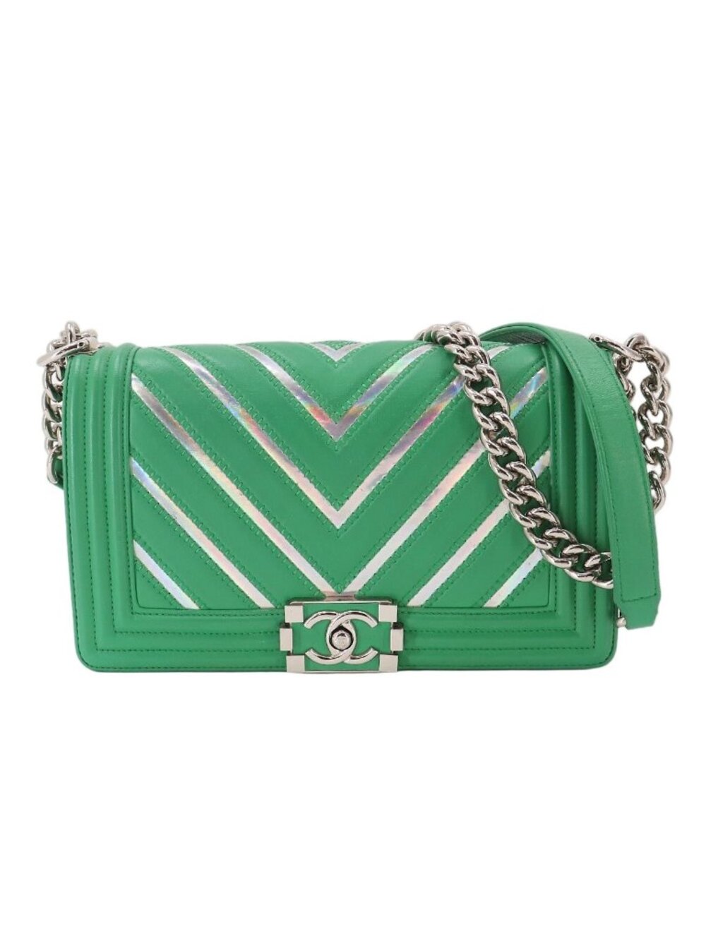 Chanel Boy Chain Shoulder Bag Lambskin Green Silver